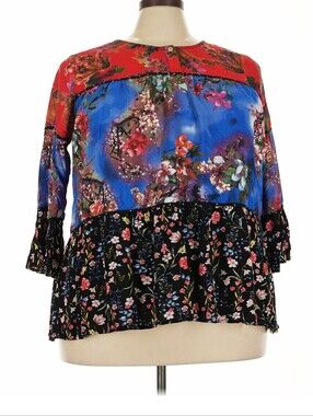 Calessa Floral Patchwork Blouse - Blue/Red/Black